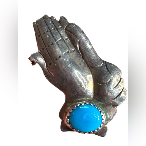 Vintage Jewelry - Vintage  N Curley Southwestern sterling Silver Hands praying Turquoise brooch